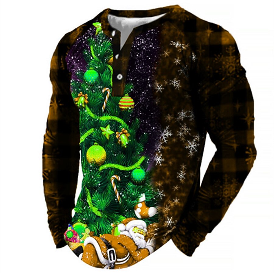 Christmas T Shirt Men's Henley Shirt T shirt Tee Tee Graphic Tree Santa Claus Henley Black Wine Army Green Red Royal Blue 3D Print Daily Sports Long Sleeve Patchwork Button-Down Clothing Apparel