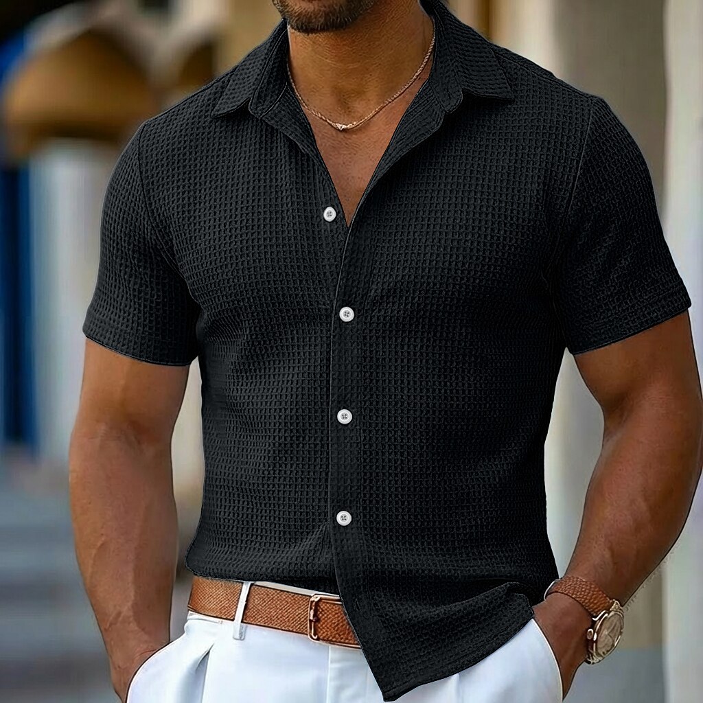 Men's Shirt Waffle Shirt Texture Casual Shirt Button Up Shirt Blue Black White Pink khaki Short Sleeve Plain Lapel Casual Daily Clothing Apparel Fashion Modern Casual Comfortable