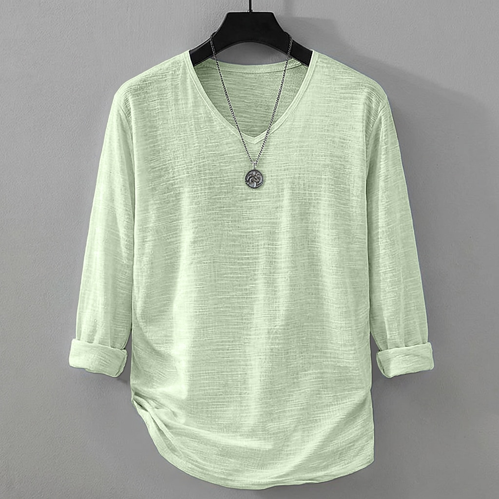 Men's Tee Top Linen T-Shirt Long Sleeve V Neck Summer Spring Solid Color Plain Daily Casual Street Style Plain Casual Outdoor Street Blue Lake blue Black Top Tee for Men