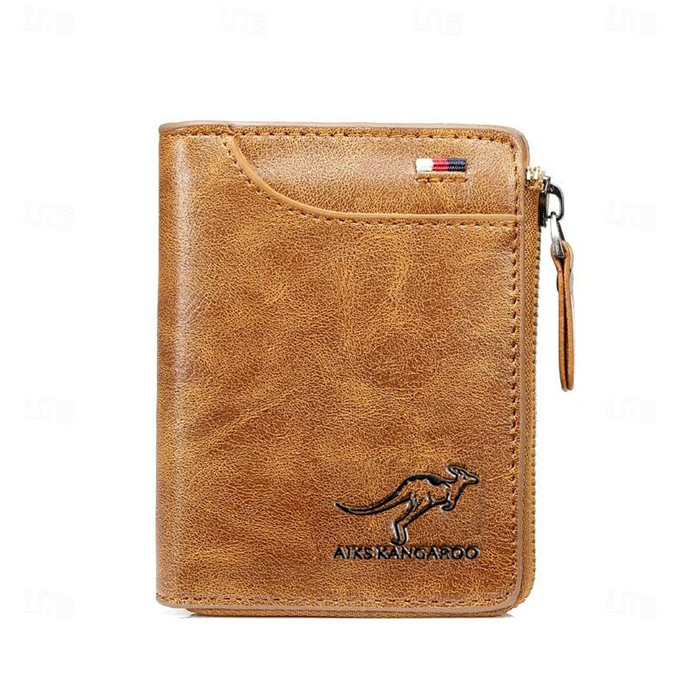 Kangaroo Men’s RFID Blocking PU Leather Wallet with Zipper, Multi-Slot Credit Card Holder, Business Purse