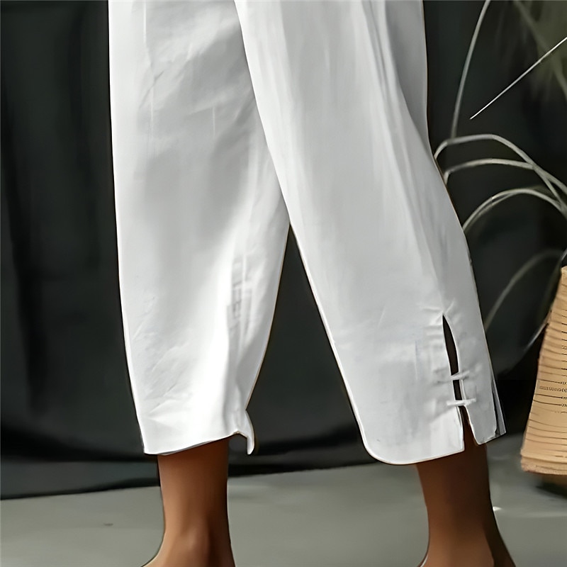 Men's Linen Pants Summer Pants Cropped Pants Beach Pants Drawstring Elastic Waist Plain Comfort Breathable Calf-Length Casual Daily Holiday Linen Cotton Blend Fashion Classic Style Black White