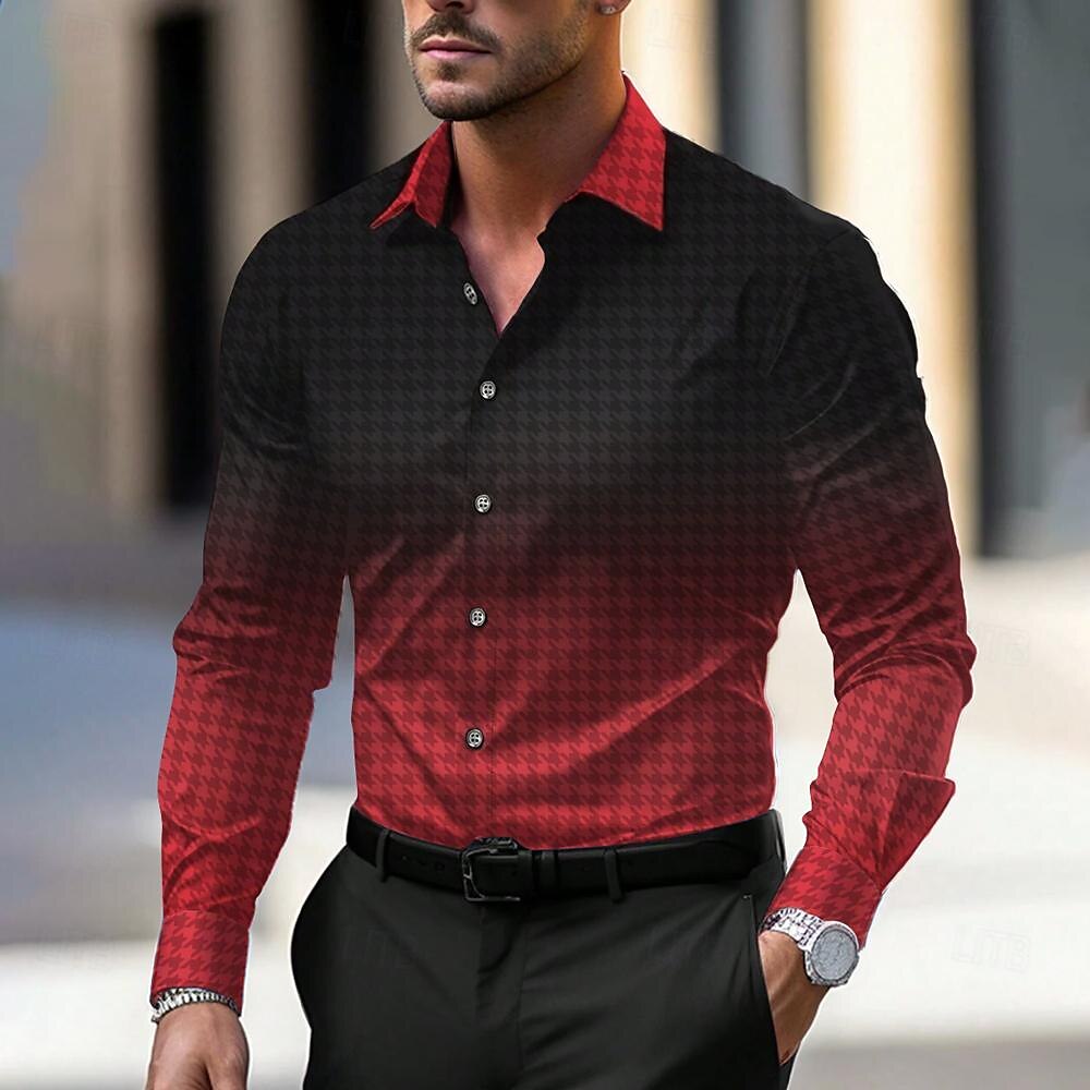 Houndstooth Business Casual Men's Shirt Button Up Shirt Summer Turndown Collared Shirts Long Sleeve Black, Red, Blue S, M, L Polyester Shirt