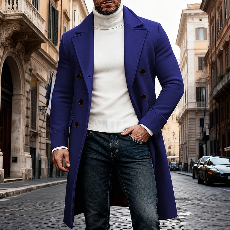 Men's Winter Coat Overcoat Long Trench Coat Trench Coat Outdoor Casual Fall Winter Polyester Thermal Warm Outerwear Clothing Apparel Classic Plain Pocket Notch lapel collar