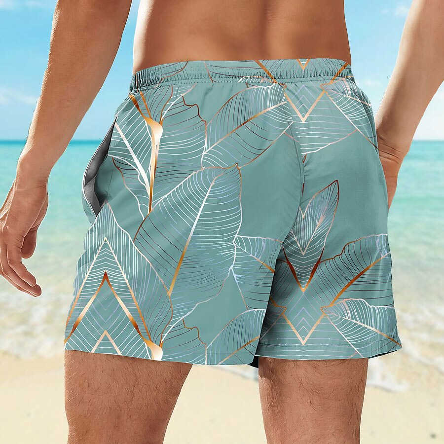 Men's Palm Leaf Tropical Plants Swimming Trunks Board Shorts Summer Shorts Mid Waist Tropical Streetwear Hawaiian Vacation Drawstring Mesh Lining Elastic Waist Designer Clothing Apparel