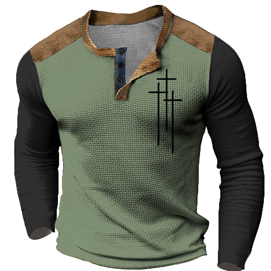 Graphic Color Block Faith Fashion Designer Casual Men's 3D Print Henley Shirt Waffle T-Shirt Sports Outdoor Holiday Festival T-shirt