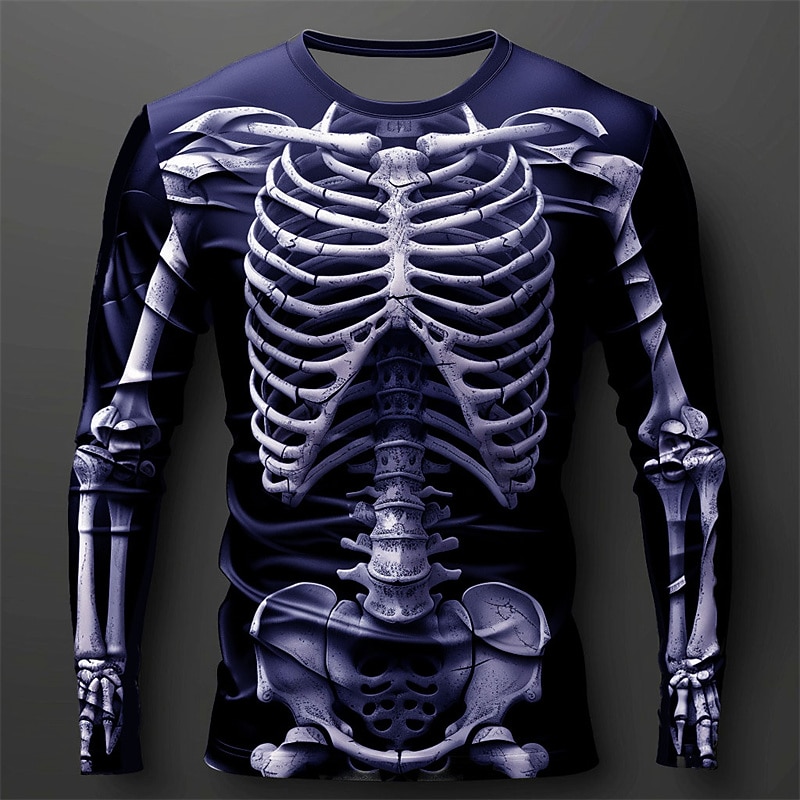 Halloween Day of the Dead Skull Men's Skeleton Costume T Shirt Long Sleeve T shirt 3D Print Crew Neck Shirt Fashion Exaggerated Street Casual Daily  Summer Spring Fall Clothing Apparel