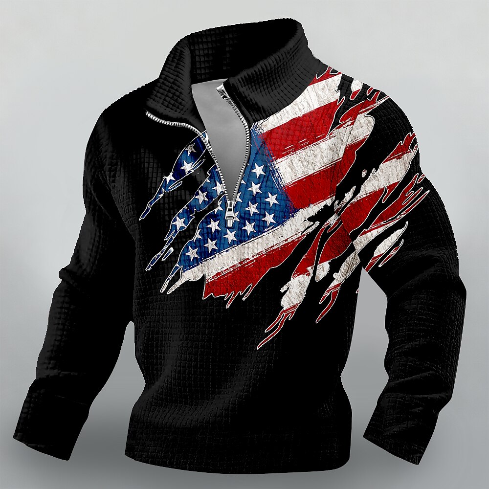 America's 250th Anniversary Men's American US Flag Waffle Sweatshirt Fashion Daily Classic Casual Stand Collar Quarter Zip Home Outdoor Office Work Blue Black White Red Zip Up Fall Winter Designer S