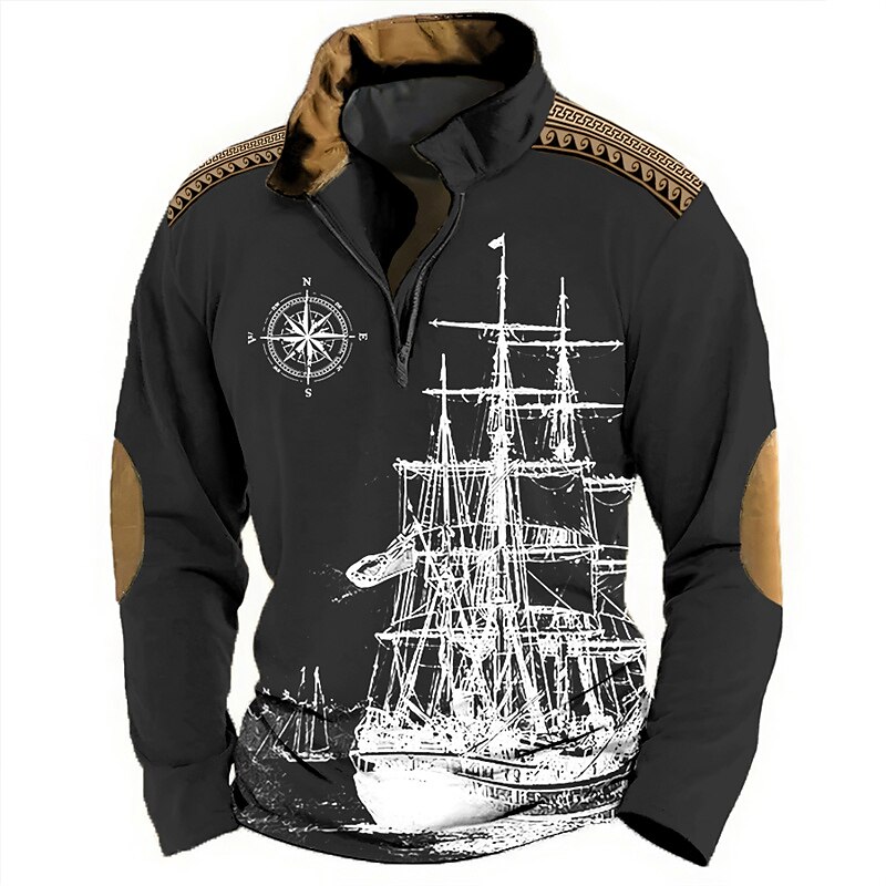 Men's Nautical Sweatshirts Sweatshirt Long Sleeve Hooded Sweatshirt Quarter Zip Daily 3D Print Holiday Going out Streetwear Light Brown Black Print Spring &  Fall Designer