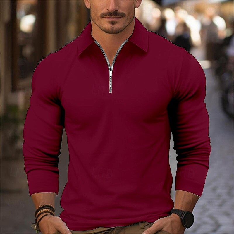 Men's Zip Polo Golf Shirt Work Casual Lapel Long Sleeve Basic Modern Plain Zipper Spring &  Fall Regular Fit Wine Black White Pink Navy Blue Blue Zip Polo