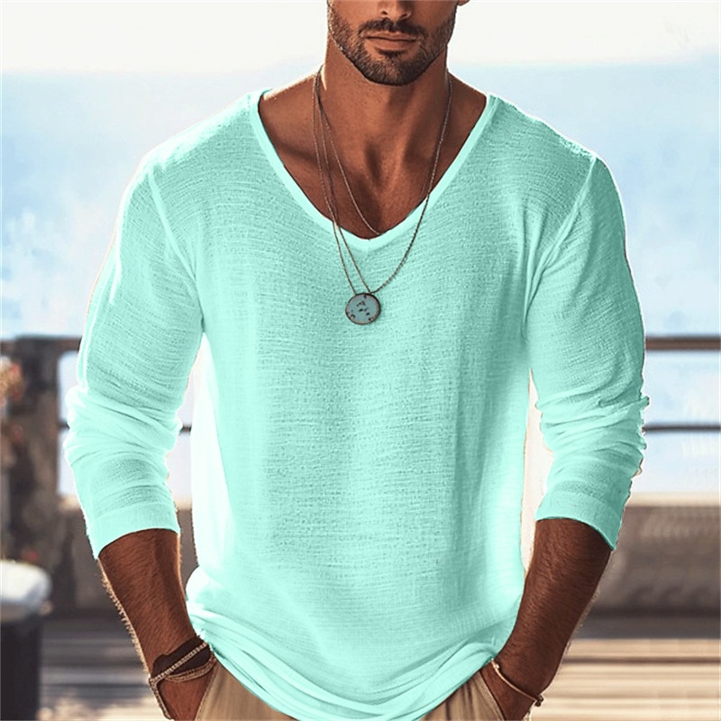 Men's T Shirt Tee Tee Top Long Sleeve Shirt Long Sleeve V Neck Summer Spring Plain Fashion Designer Basic Classic Vacation Street Going out Black Sky Blue Purple Top Tee for Men
