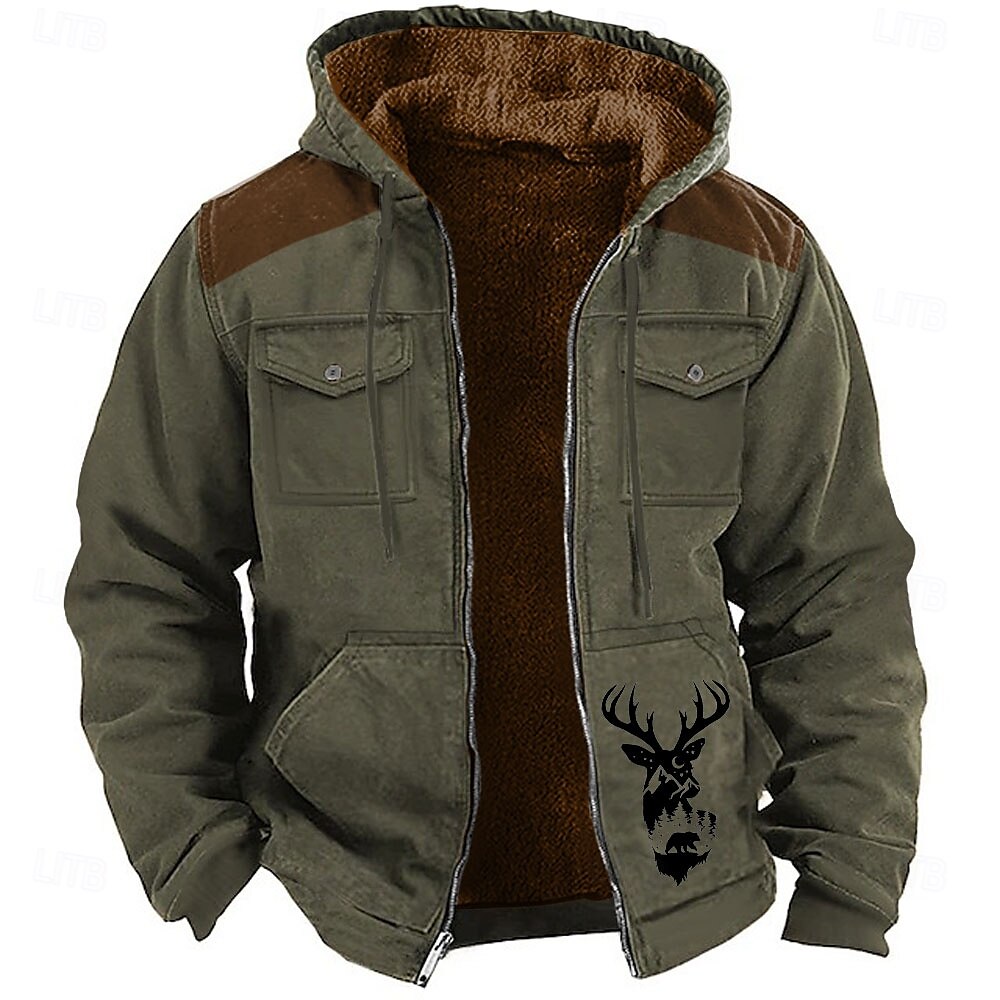 Men's Graphic Reindeer Fleece Hoodie Long Sleeve Hooded Sweatshirt Crew Neck Vintage Graphic Print Sport Casual Hunting Brown Green Fall Winter Designer