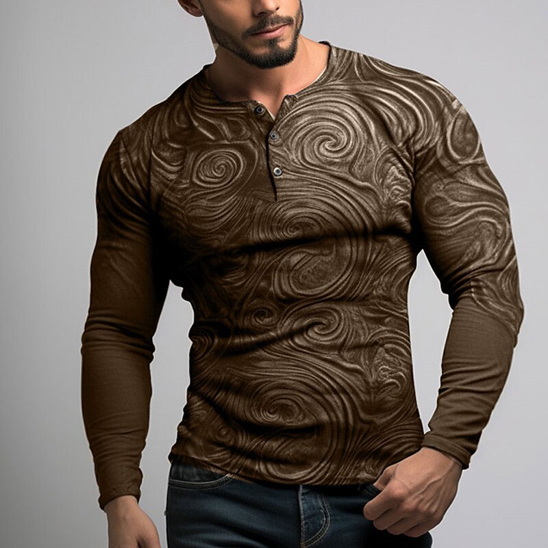Graphic Relief Pattern Fashion Daily Casual Men's 3D Print Henley Shirt Casual Holiday Going out T shirt Green Dark Blue Dark Gray Long Sleeve Henley Shirt Spring &  Fall Clothing Apparel S M L XL