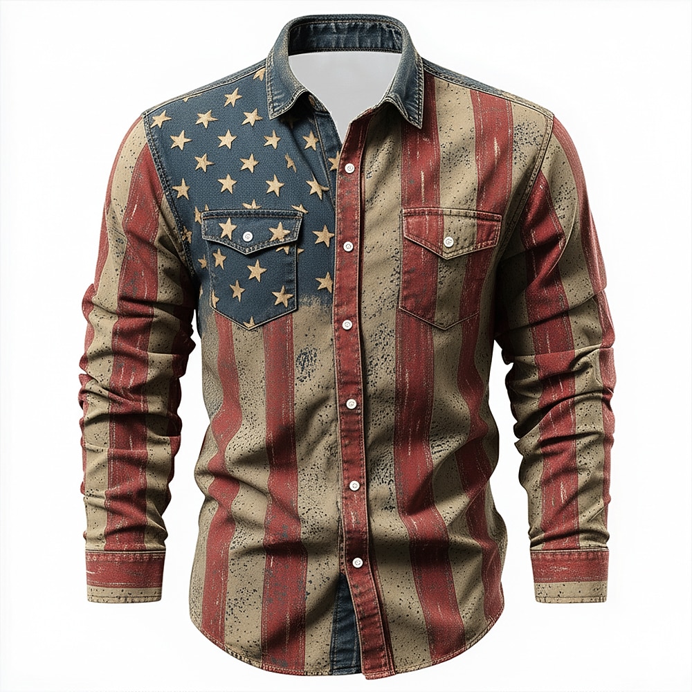 Men's American US Flag Patriotic Shirt Western Shirt Long Sleeve Vintage Retro Casual Holiday Work Shirt WorkWear Spring Fall Turndown Front Two Pockets Linen Like Shirt Button Up Shirts Blue Khaki