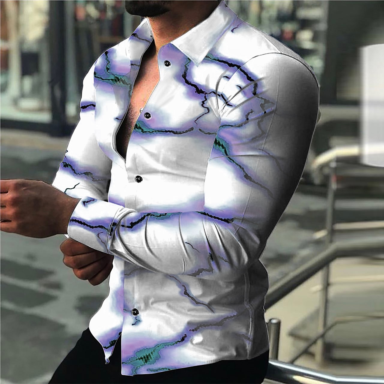 Men's Lightning Shirt Long Sleeve Fashion Designer Casual Outdoor Holiday Summer Spring Turndown Print Button-Down Blue Light Yellow Black White Yellow