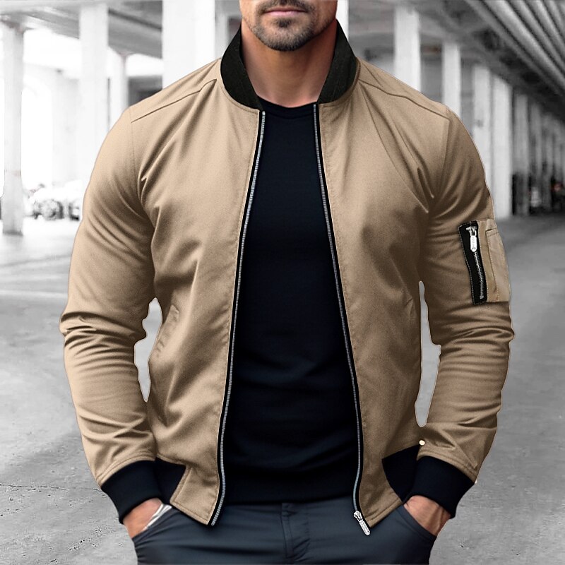 Men's Bomber Jacket Varsity Jacket Outdoor Sport Warm Pocket Fall Winter Plain Fashion Streetwear Stand Collar Short Black Blue Red & White Green Khaki Jacket