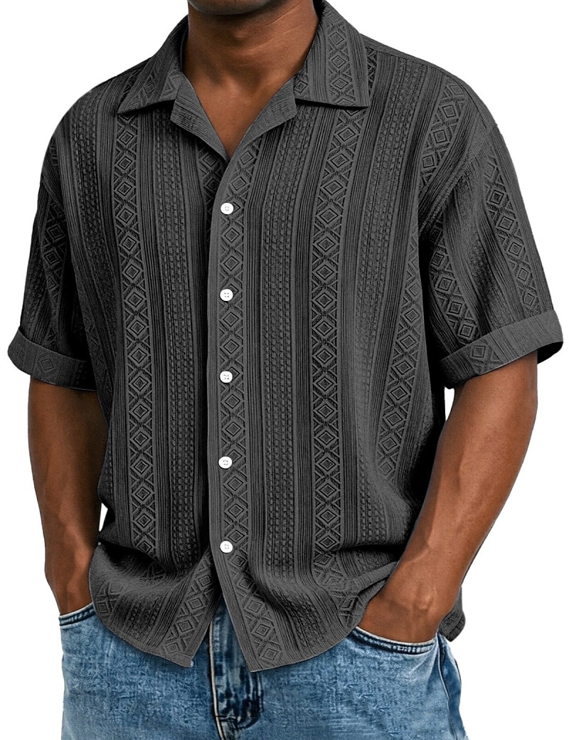 Men's Shirt Texture Button Down Shirt Jacquard Shirt Black White Light Green Navy Blue Purple Short Sleeve Geometric Lapel Daily Outdoor Jacquard Clothing Apparel Streetwear Casual