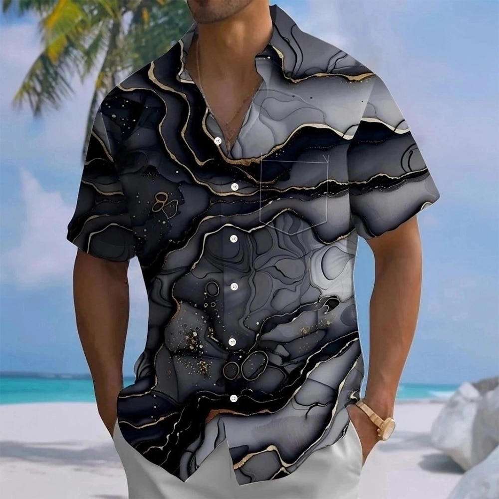 Men's Geometric Marble Abstract Art Shirt Summer Shirt Button Up Shirt Short Sleeve Fashion Casual Outdoor Vacation Dailywear Summer Spring Turndown 3D Print Collared Shirts Front One Pocket Khaki