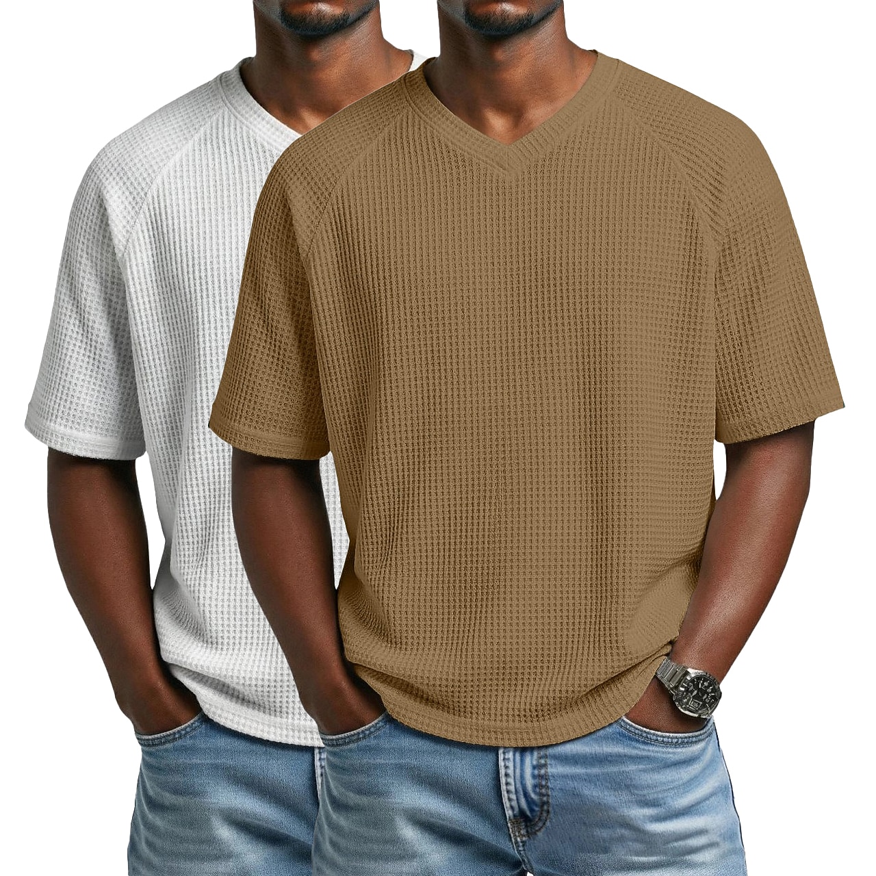 2PCS Men's Waffle T-shirt Tee Top Short Sleeve V Neck Summer Solid Color Textured Fashion Designer Casual 2 Piece Multi-pack Raglan Sleeves Casual Daily Outdoor White Black Top Tee for Men