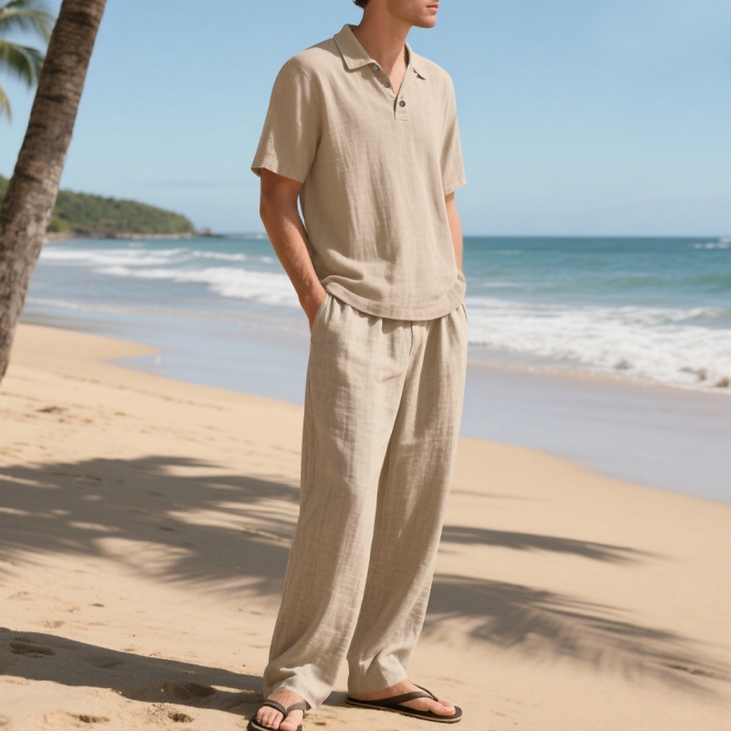 2-Piece Men's Linen Shirt  Popover Shirt And Linen Pants Trousers Casual Pants Set Plain Daily Outdoor Beach Turndown Short Sleeve Summer Spring Fashion Casual Comfortable Clothing Apparel