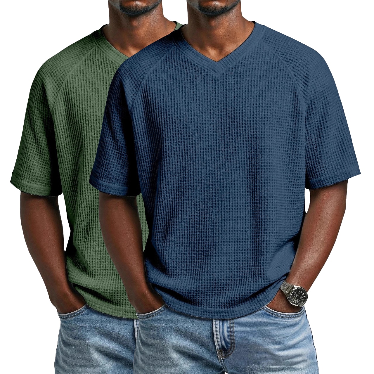 2PCS Men's Waffle T-shirt Tee Top Short Sleeve V Neck Summer Solid Color Textured Fashion Designer Casual 2 Piece Multi-pack Raglan Sleeves Casual Daily Outdoor White Black Top Tee for Men
