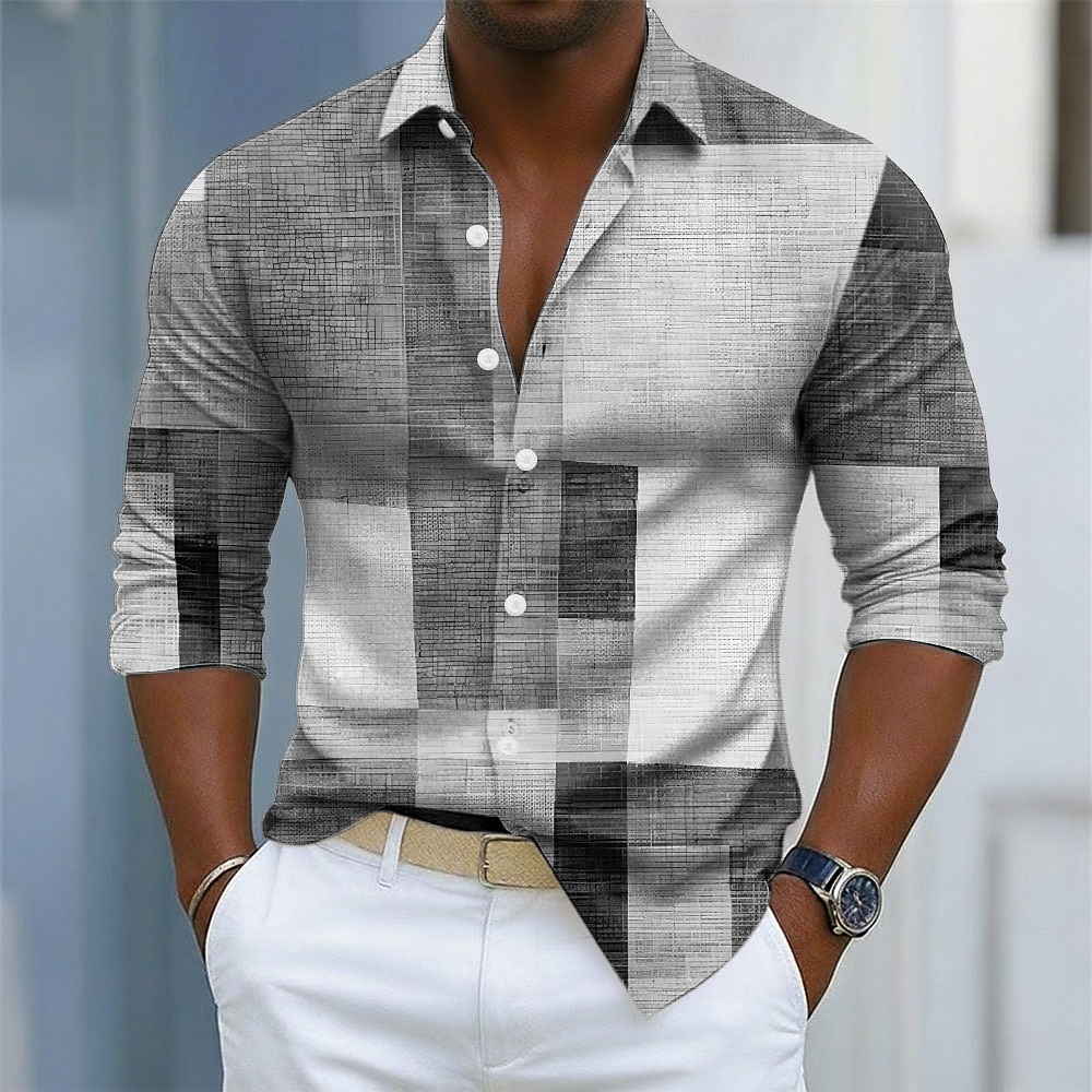 Men's Geometric Color Block Patchwork Shirt Button Up Shirt Long Sleeve Fashion Casual Outdoor Dailywear Spring Fall Turndown 3D Print Collared Shirts Blue Purple Green Khaki Gray