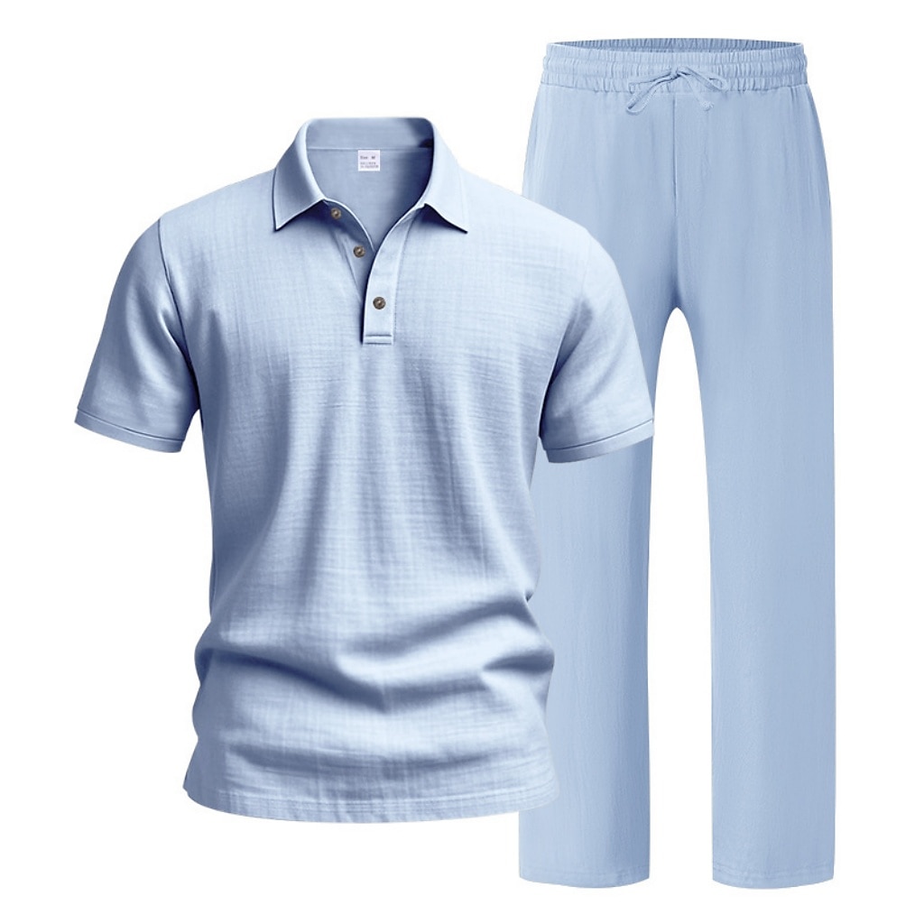 2-Piece Men's Linen Shirt  Popover Shirt And Linen Pants Trousers Casual Pants Set Plain Daily Outdoor Beach Turndown Short Sleeve Summer Spring Fashion Casual Comfortable Clothing Apparel
