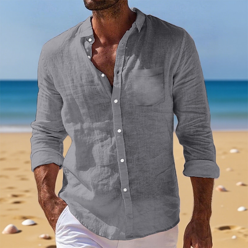 Men's Shirt Linen Shirt Summer Shirt Button Down Shirt Beach Shirt Untucked Shirts Plain Vacation Daily Wear Black White Light Green Pink Long Sleeve Turndown Summer Spring &  Fall Clothing Apparel