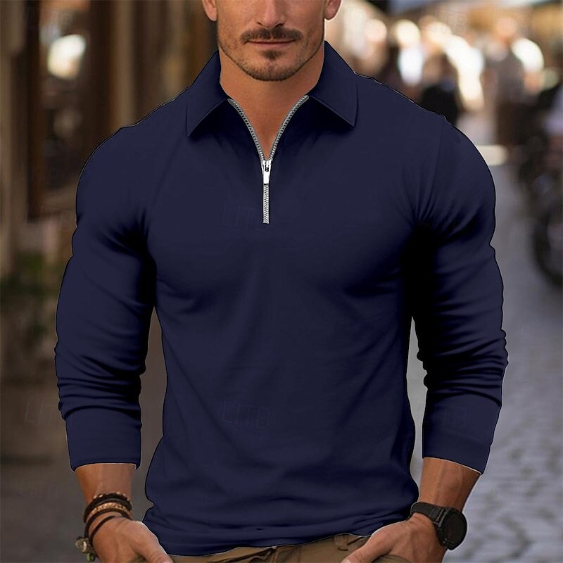 Men's Zip Polo Golf Shirt Work Casual Lapel Long Sleeve Basic Modern Plain Zipper Spring &  Fall Regular Fit Wine Black White Pink Navy Blue Blue Zip Polo