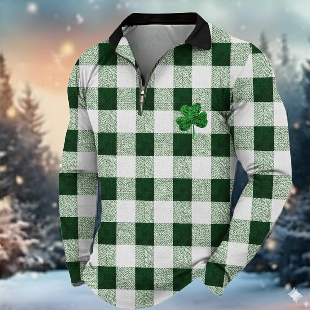 St. Patrick Men's Shamrock Polo Long Sleeve Turndown Modern Leisure Athleisure Casual Daily Festival Zipper 3D Print Spring Fall Black White Green