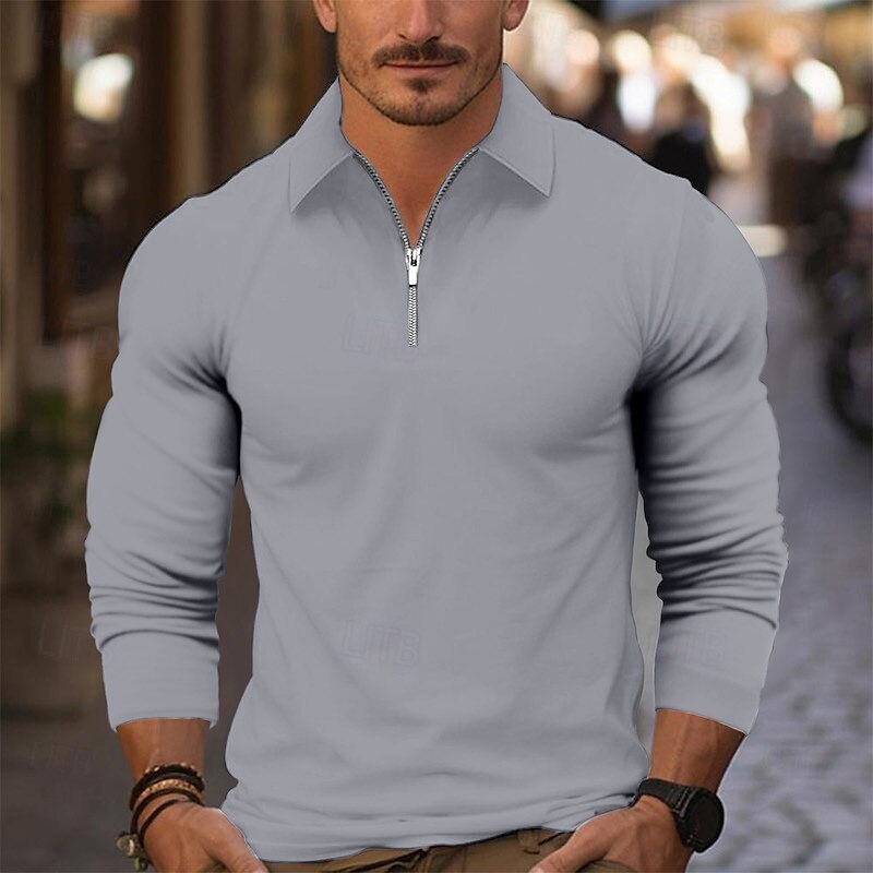 Men's Zip Polo Golf Shirt Work Casual Lapel Long Sleeve Basic Modern Plain Zipper Spring &  Fall Regular Fit Wine Black White Pink Navy Blue Blue Zip Polo