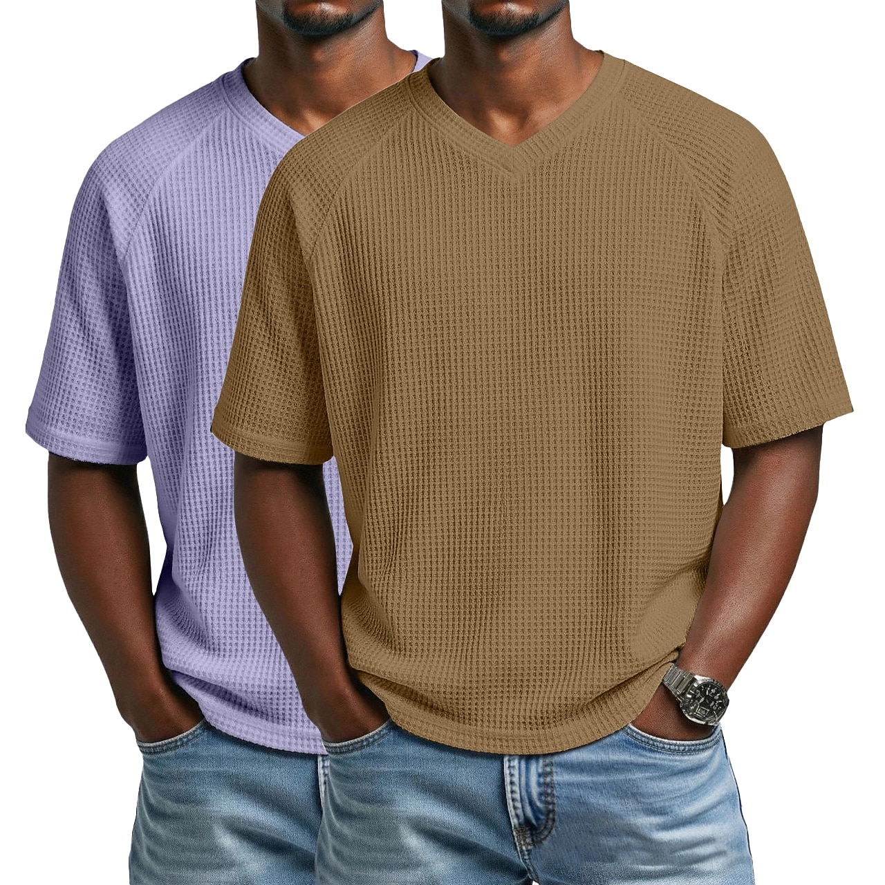 2PCS Men's Waffle T-shirt Tee Top Short Sleeve V Neck Summer Solid Color Textured Fashion Designer Casual 2 Piece Multi-pack Raglan Sleeves Casual Daily Outdoor White Black Top Tee for Men