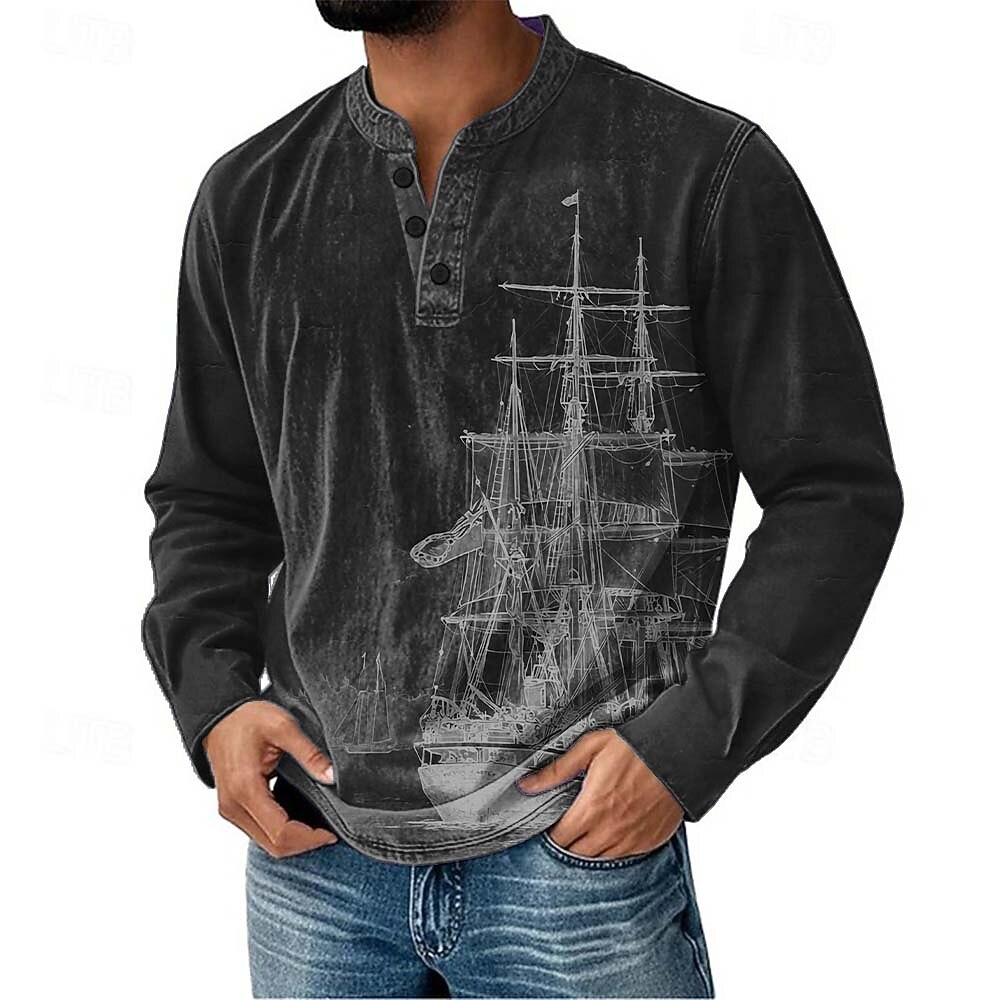 Men's Henley Shirt Long Sleeve Vintage Fashion Daily Casual Holiday Going out Spring Spring &  Fall All Seasons Navy-blue Deep Green Dark Grey Black Blue Henley Henley T-Shirt