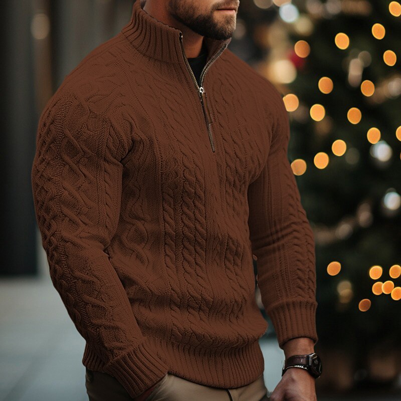 Men's Christmas Sweaters Pullover Sweater Jumper Cable Knit Regular Tops Knitted Quarter Zip Plain Stand Collar Modern Contemporary Xmas Work Clothing Apparel Winter Black White M L XL