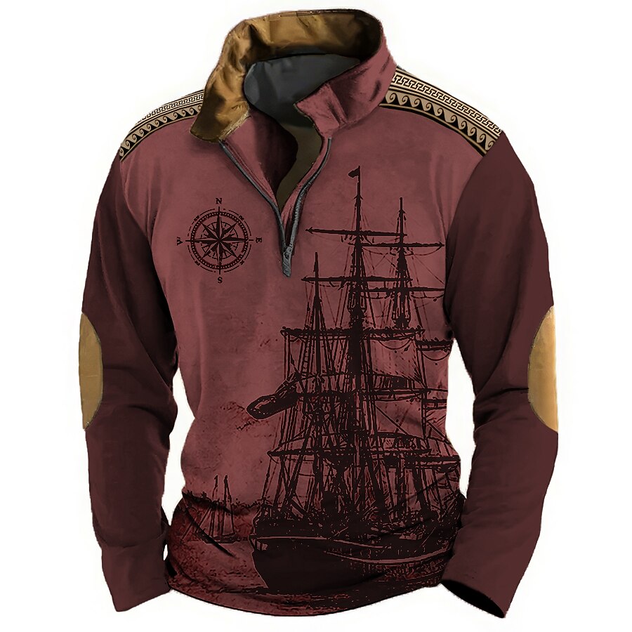 Men's Nautical Sweatshirts Sweatshirt Long Sleeve Hooded Sweatshirt Quarter Zip Daily 3D Print Holiday Going out Streetwear Light Brown Black Print Spring &  Fall Designer