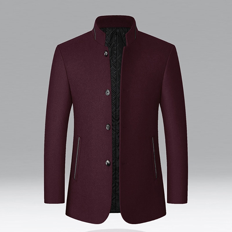 Men's Peacoat Trench Coat Vacation Daily Fall Winter Polyester Windproof Outerwear Clothing Apparel Fashion Classic Plain Pocket Stand Collar Single Breasted