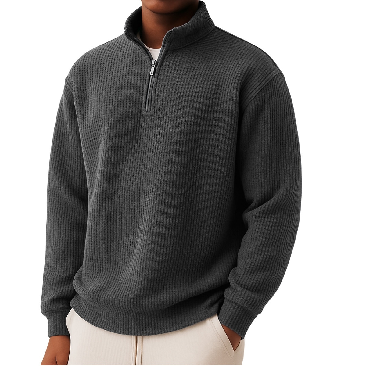 Men's Waffle Polo Shirts Zip Polo Sports Outdoor Casual Standing Collar Zip Long Sleeve Fashion Modern Solid Color Textured Knitted Spring &  Fall All Seasons Regular Fit Blue Wine Black White Navy