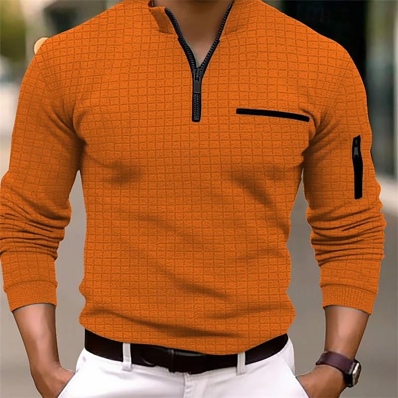 Men's Waffle Polo Shirt Quarter Zip Polo Daily Holiday Quarter Zip Long Sleeve Fashion Modern Plain Pocket Spring &  Fall Regular Fit Black White Navy Blue Orange Light Grey Dark Gray Waffle Polo