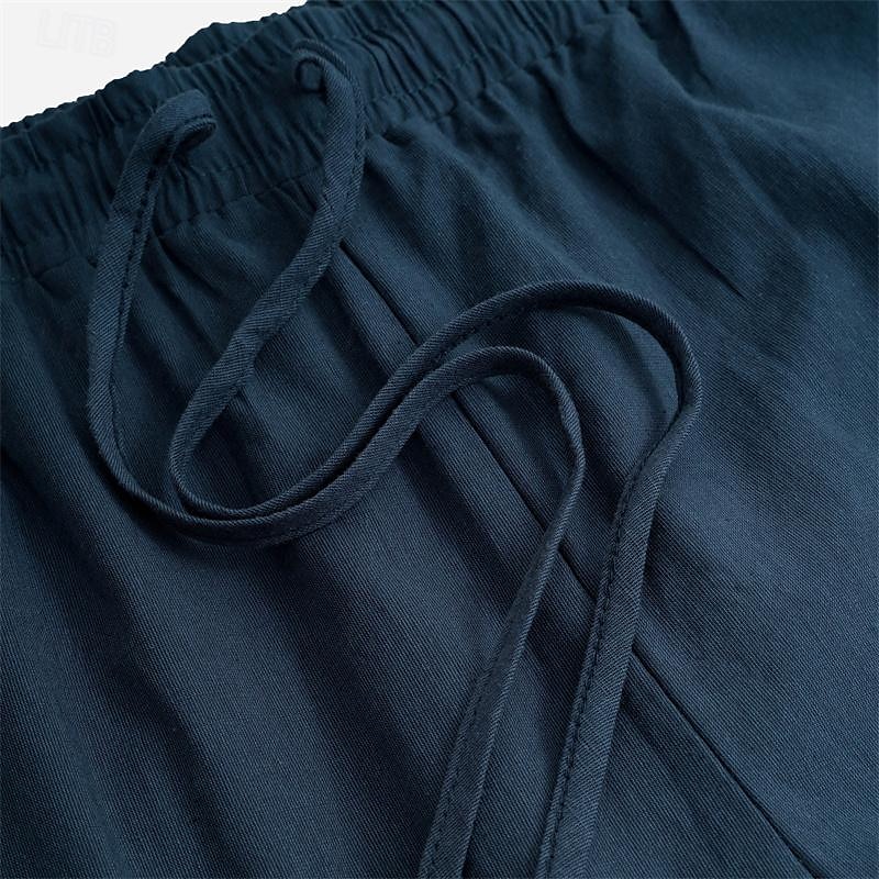 Men's Linen Pants Trousers Summer Pants Beach Pants Drawstring Elastic Waist Straight Leg Plain Comfort Outdoor Casual Daily Streetwear Stylish White Navy Blue