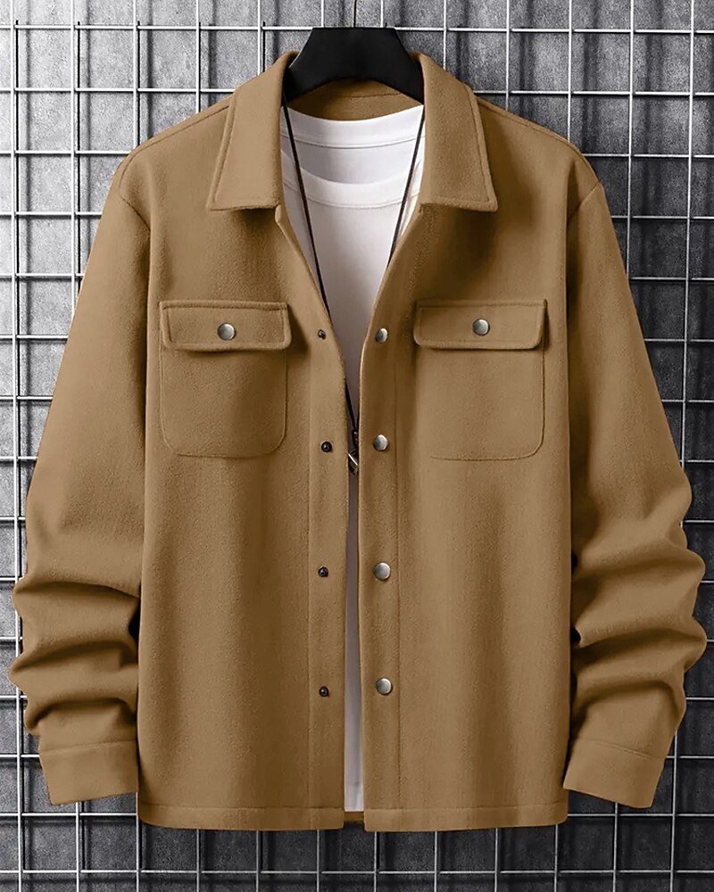 Men's Shirt Jacket Casual Jacket Vacation Daily Breathable Pocket Spring Fall Plain Fashion Classic Lapel Regular Dark Gray Black Navy Blue Khaki Light Grey Jacket
