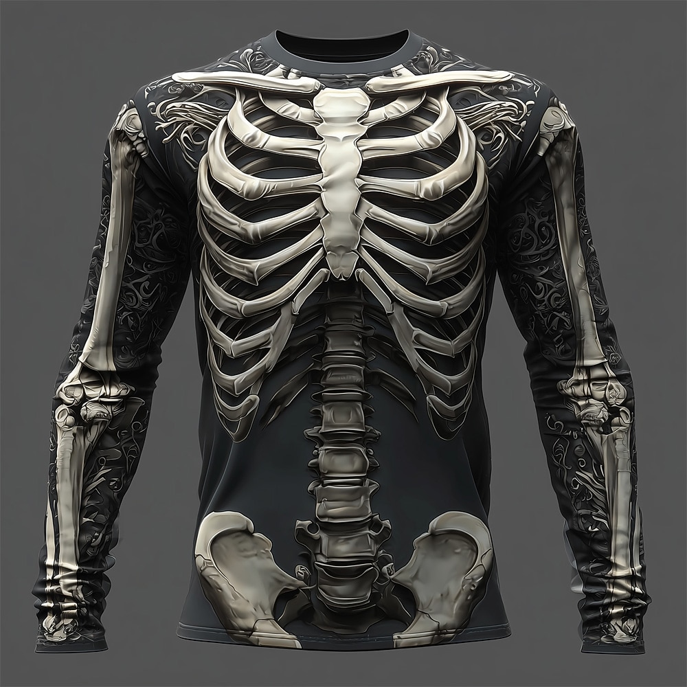 Halloween Day of the Dead Skull Men's Skeleton Costume T Shirt Long Sleeve T shirt 3D Print Crew Neck Shirt Fashion Exaggerated Street Casual Daily  Summer Spring Fall Clothing Apparel