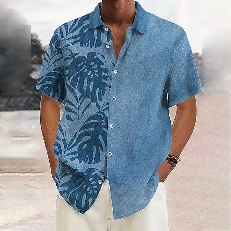 Men's Shirt Summer Hawaiian Shirt Gradient Graphic Prints Leaves Turndown Red Royal Blue Blue Dusty Blue Green Street Casual Short Sleeves Print Button-Down Clothing Apparel Tropical Sports