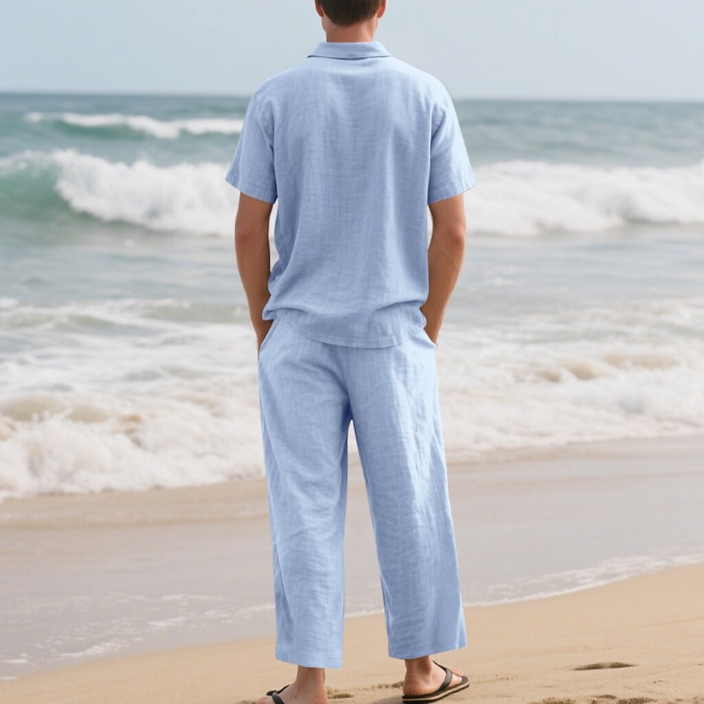 2-Piece Men's Linen Shirt  Popover Shirt And Linen Pants Trousers Casual Pants Set Plain Daily Outdoor Beach Turndown Short Sleeve Summer Spring Fashion Casual Comfortable Clothing Apparel