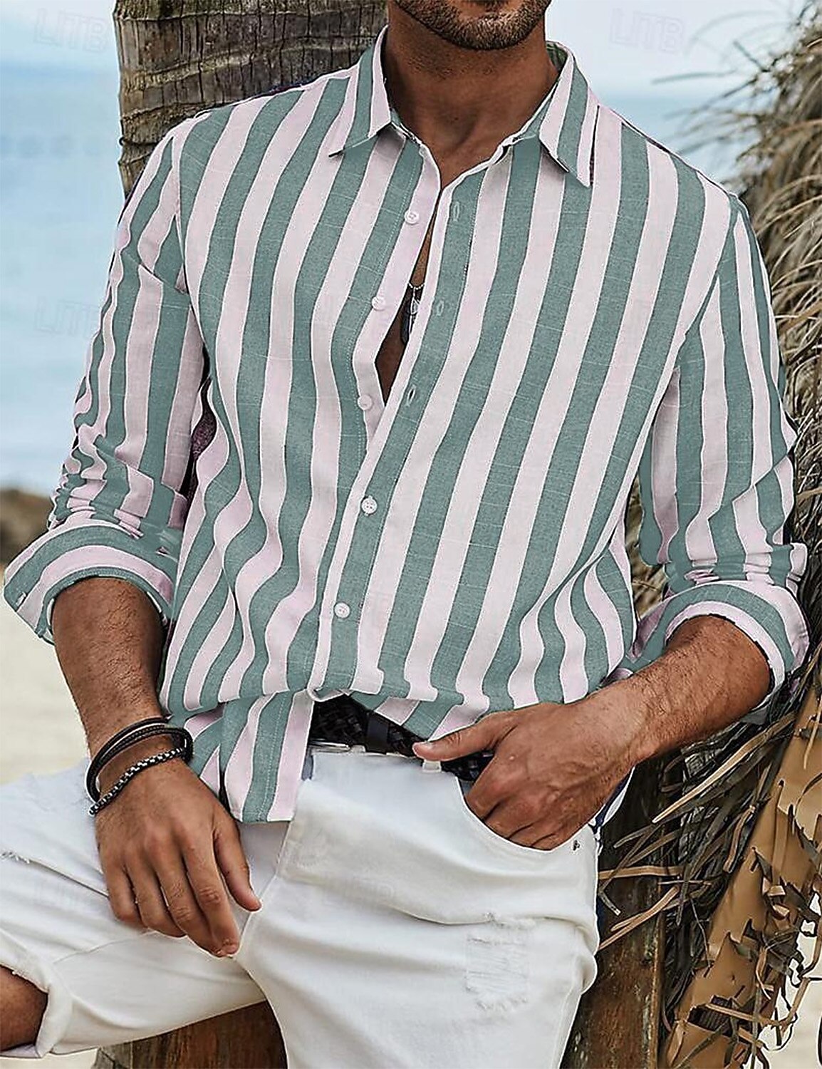 Men's Shirt Linen Shirt Summer Shirt Beach Shirt Cotton Linen Shirt Striped Shirts Striped Vacation Hawaiian Yellow Red Blue Green Long Sleeve Turndown Spring &  Fall Clothing Apparel Button-Down