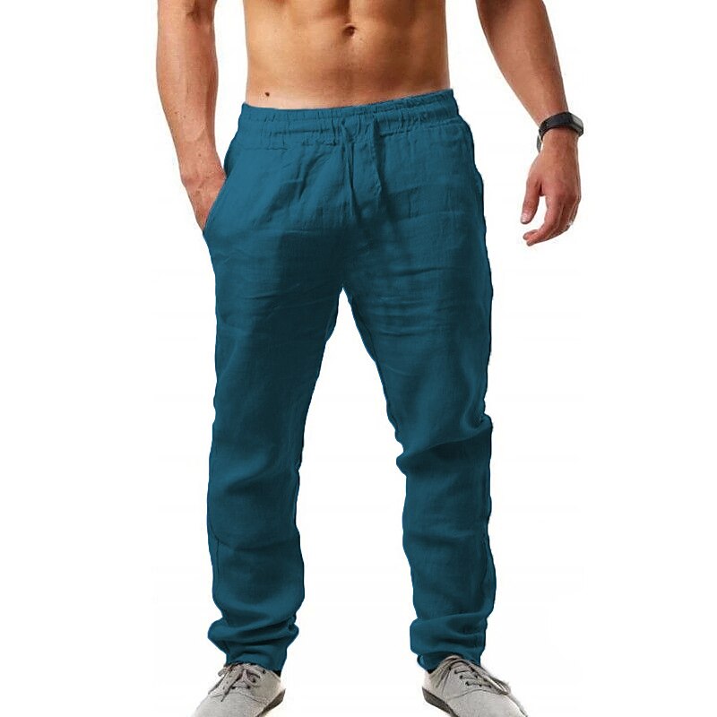 Men's Drawstring Elastic Waistband with Side Pocket Casual Chino Daily Plain Linen Pants