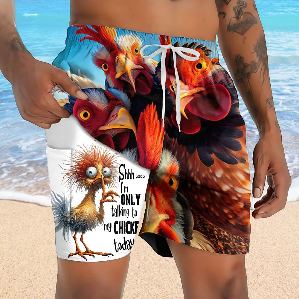 Men's Animal Funny Duck Lined Shorts 2 in 1 Board Shorts Swim Shorts Mid Waist Hawaiian Vacation Holiday Beach Wear Side Pockets With Compression Liner Elastic Drawstring Waist Designer Clothing