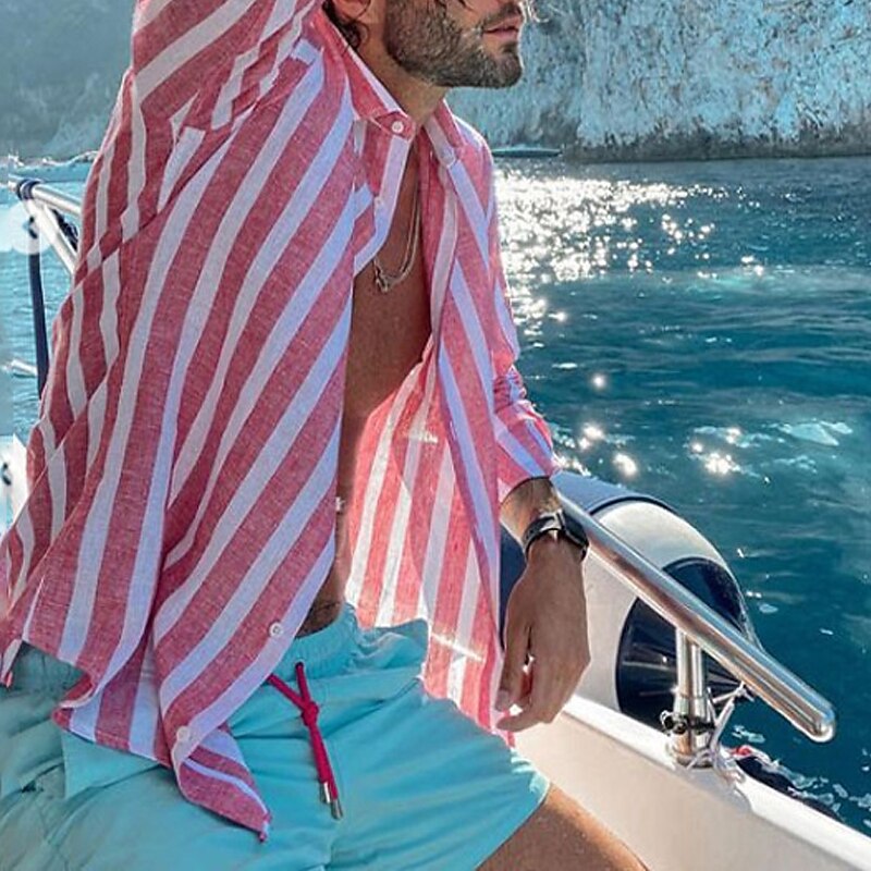 Men's Shirt Linen Shirt Summer Shirt Beach Shirt Cotton Linen Shirt Striped Shirts Striped Vacation Hawaiian Yellow Red Blue Green Long Sleeve Turndown Spring &  Fall Clothing Apparel Button-Down