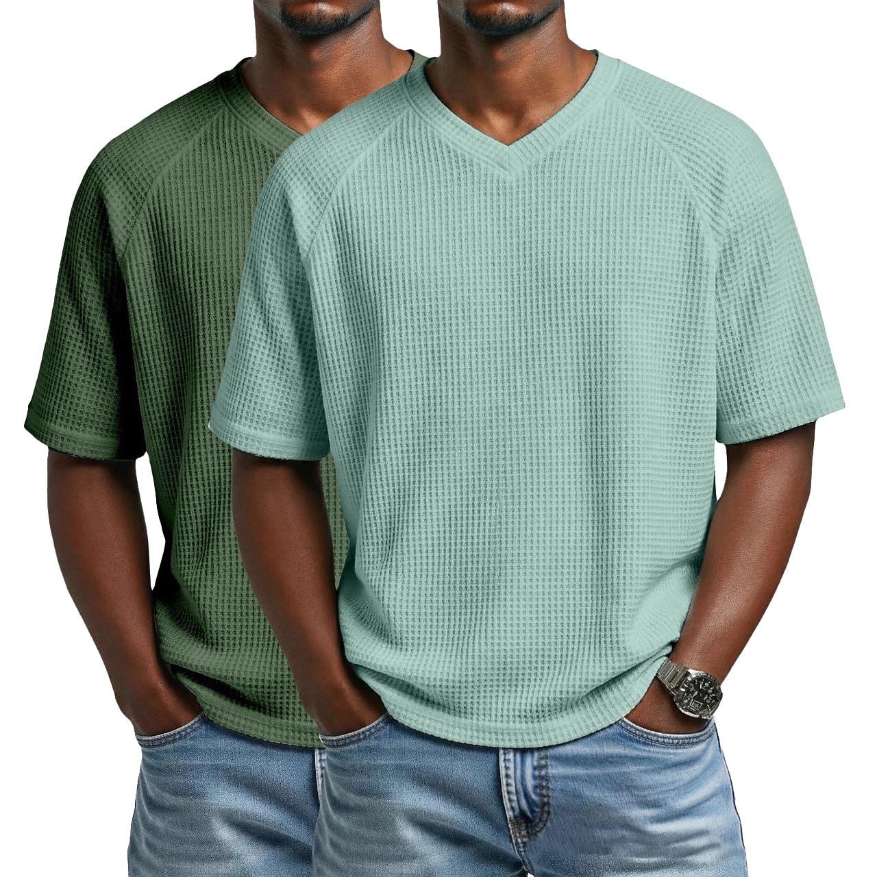 2PCS Men's Waffle T-shirt Tee Top Short Sleeve V Neck Summer Solid Color Textured Fashion Designer Casual 2 Piece Multi-pack Raglan Sleeves Casual Daily Outdoor White Black Top Tee for Men