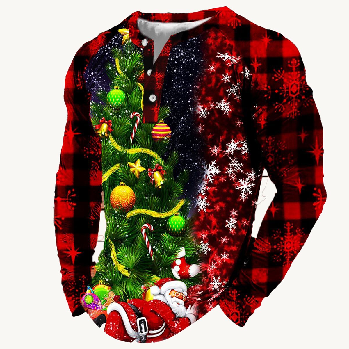 Christmas T Shirt Men's Henley Shirt T shirt Tee Tee Graphic Tree Santa Claus Henley Black Wine Army Green Red Royal Blue 3D Print Daily Sports Long Sleeve Patchwork Button-Down Clothing Apparel