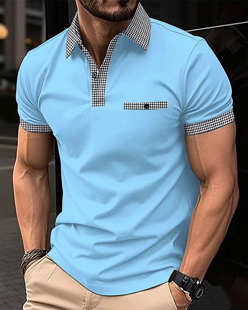 Men's Golf Shirt Golf Polo Work Casual Lapel Short Sleeve Basic Modern Color Block Houndstooth Patchwork Spring & Summer Regular Fit Black White Red Navy Blue Blue Beige Golf Shirt