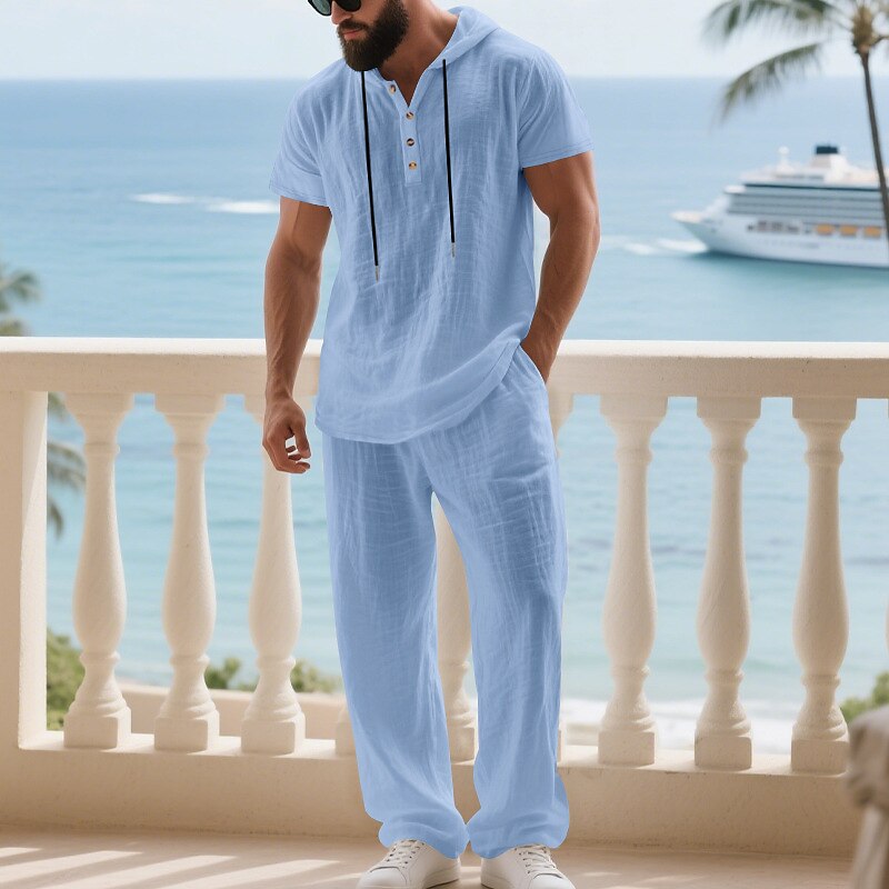 Men's T-shirt Suits Shirt and Pant Sets 2 Pieces Outfits Short Sleeve Hooded Summer Spring Plain Fashion Casual Drawstring 2 Piece Buttons Vacation Daily Wear Going out Black White Yellow Top Tee for